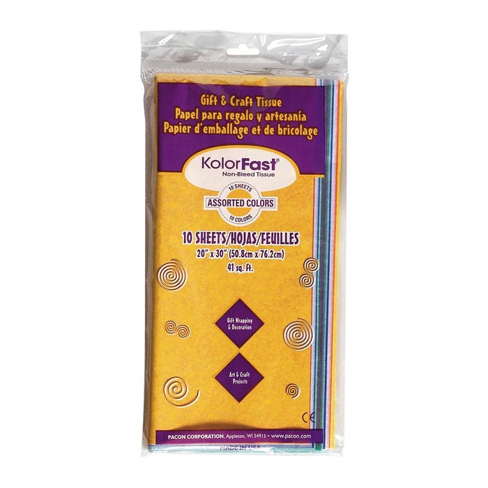 Kolorfast Non-Bleeding Art Tissue Paper, 20 x 30 Inches, Assorted Colors, Pack of 10