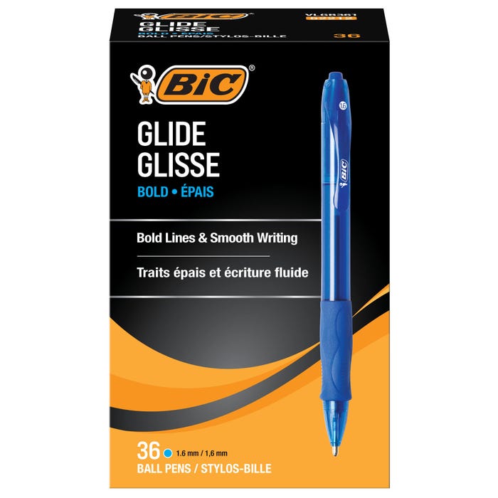 BIC Glide Bold Retractable Ballpoint Pens, 1.6 mm, Blue, Pack of 36