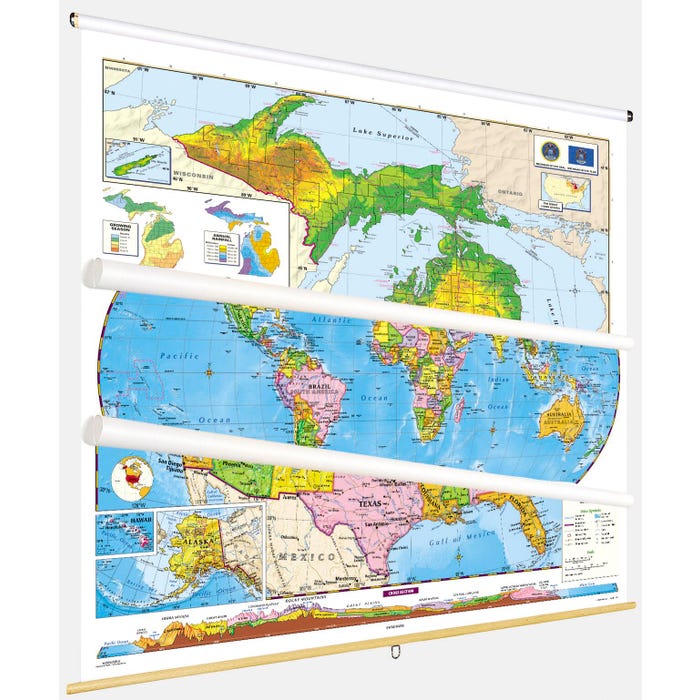 Social Studies MICHIGAN/U.S./WORLD MAP COMBO, Markable, Erasable, Grades 4-12