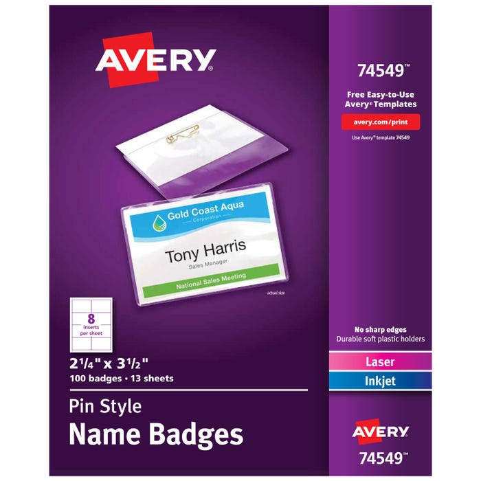 Aver Name Badge Holder Kit for Laser or Inkjet Printers, 2-1/4 x 3-1/2 Inches, Pack of 100