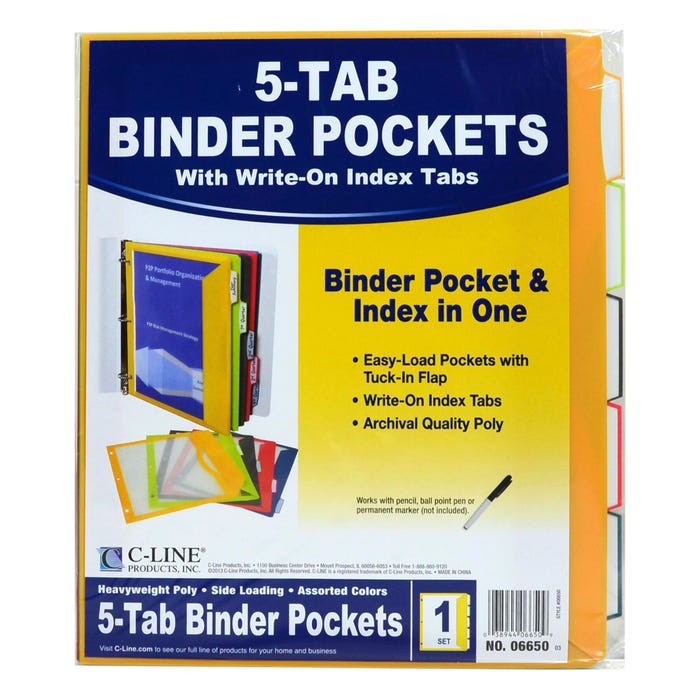 C-Line Binder Pockets with Index Tabs, 8-1/2 x 11 Inches, Assorted Colors, 5 Pack