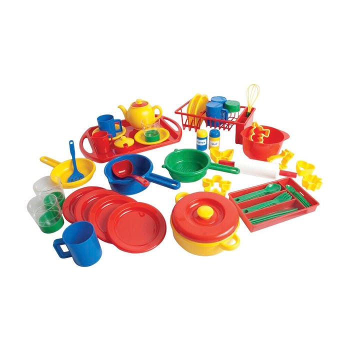 Dantoy Play Kitchen Dishes Pack, 4 Settings, Assorted Colors, 55 Pieces