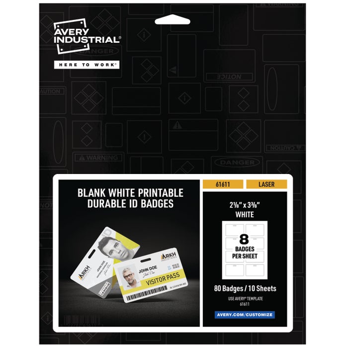 Avery Industrial Durable Wide ID Badges for Lanyards, Laser Printable on Both Sides, Blank White, 2-1/8 x 3-3/8 Inches