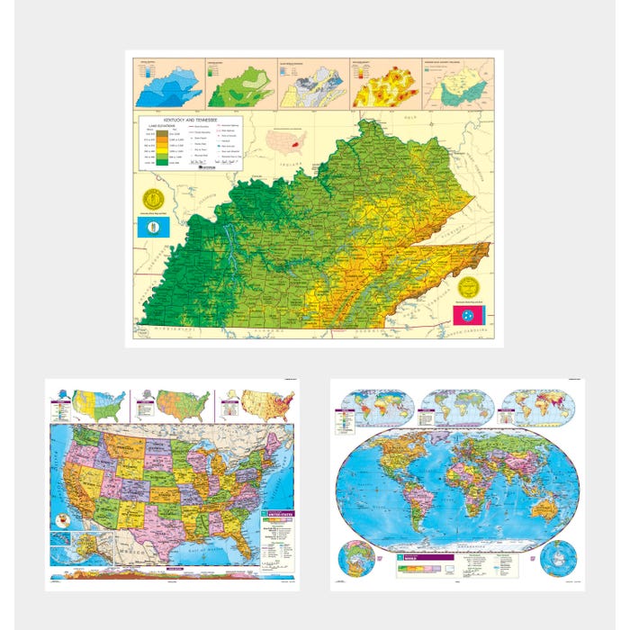Social Studies KENTUCKY/TENNESSEE/U.S./WORLD MAP COMBO, Markable, Erasable, Grades 4-12