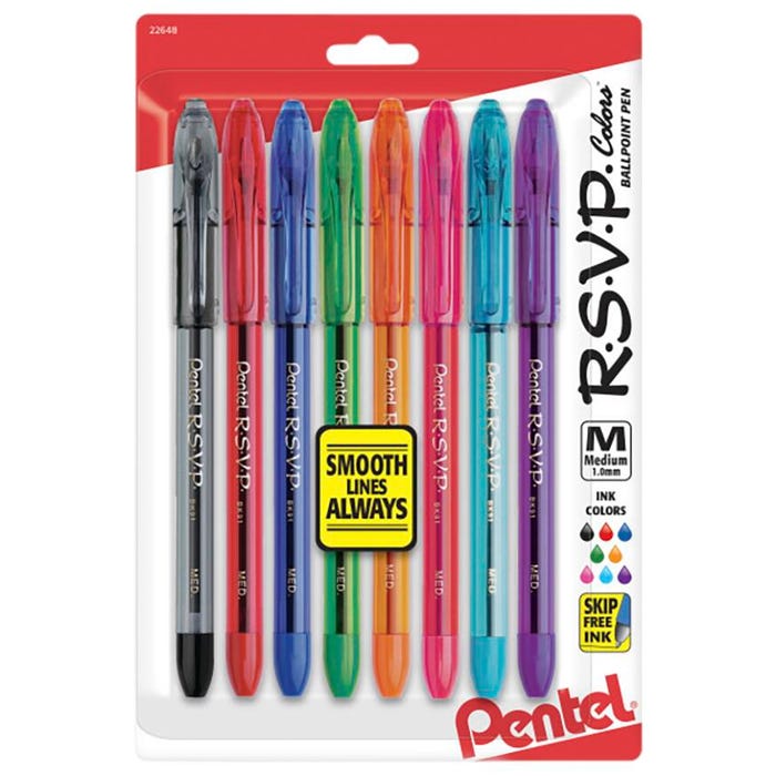 Pentel R.S.V.P. Refillable Ballpoint Pen, 1 mm Medium Tip, Assorted Color Ink, Clear Barrel, Pack of 8
