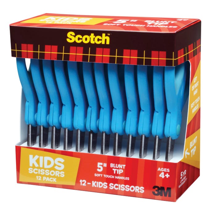 Scotch Blunt Tip Soft Grip Kids Scissors, 5 Inches, Stainless Steel Blade, Pack of 12, Item Number 1464567