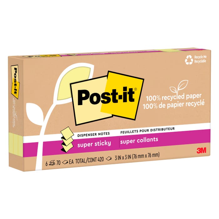 Post-it® 100% Recycled Super Sticky Dispenser Notes, Canary, 3x3 Inches, 6 Pack, 70 Sheets per Pad,