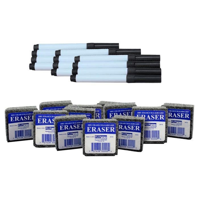 Flipside Dry Erase Pen and Eraser Pack, Black, 12 Each, 24 Total Pieces