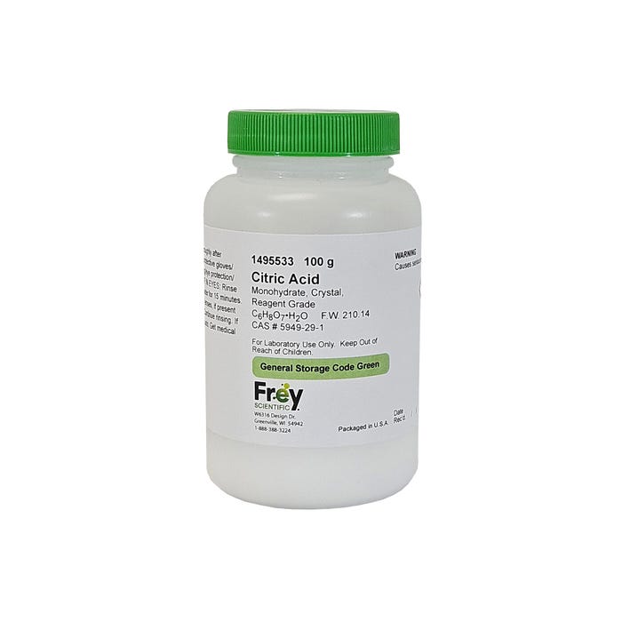 Frey Scientific Citric Acid, Monohydrate, Crystal, Reagent Grade, 100 Grams