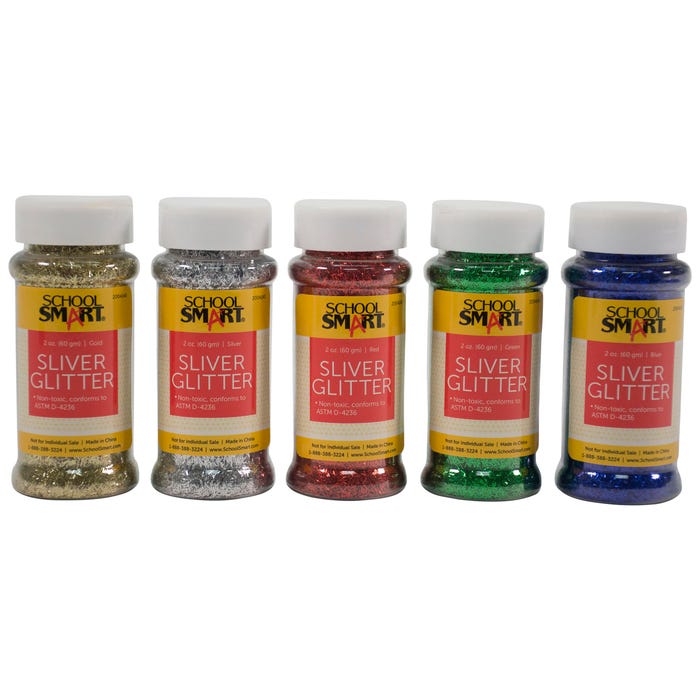 School Smart Sliver Craft Glitter, 2 Ounce Jar, Assorted Colors, Set of 5
