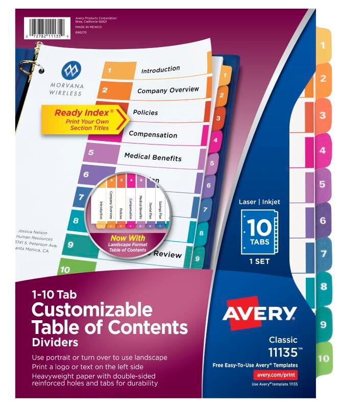 Avery Ready Index Dividers, 10 Tab, 1-10, Assorted Colors, 1 Set 078524