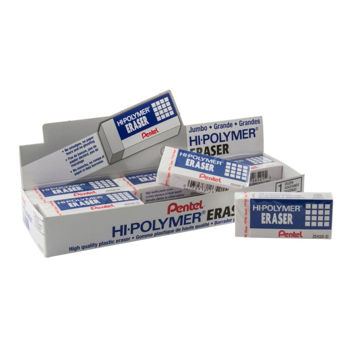 Pentel Hi-Polymer Block Eraser, Jumbo, White, Pack of 12