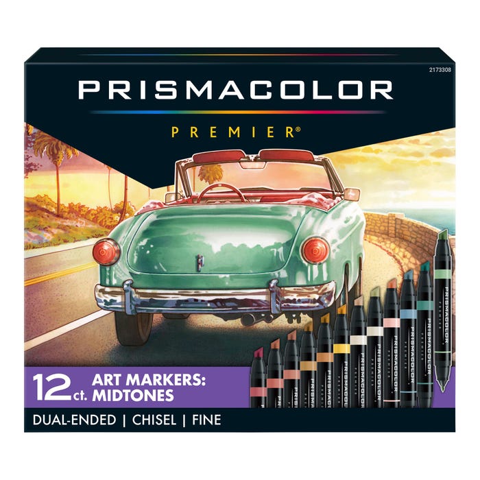 Prismacolor Premier Dual Ended Art Markers, Fine & Chisel Tip, Assorted Mid-Tone Colors, Set of 12