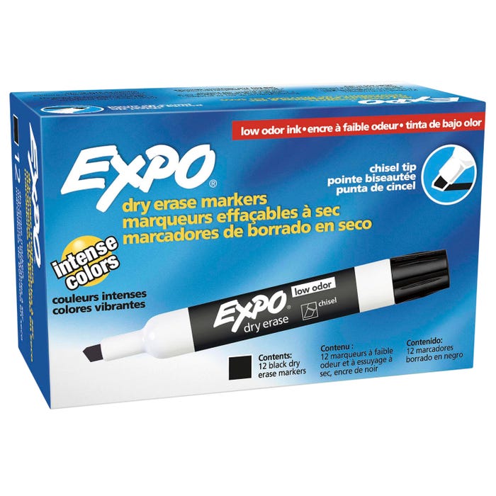 EXPO Low Odor Dry Erase Markers, Chisel Tip, Black, Pack of 12