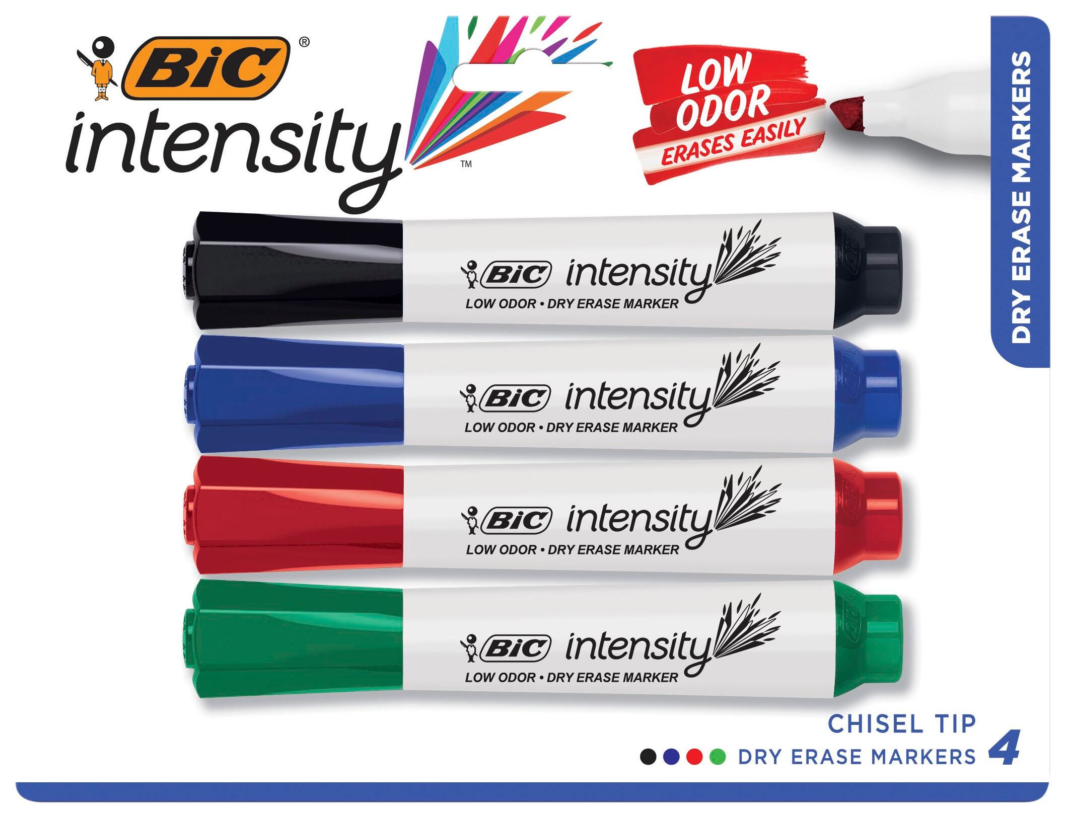 BIC Intensity Low Odor Dry Erase Markers, Chisel Tip, Assorted Colors, Set of 4 336886