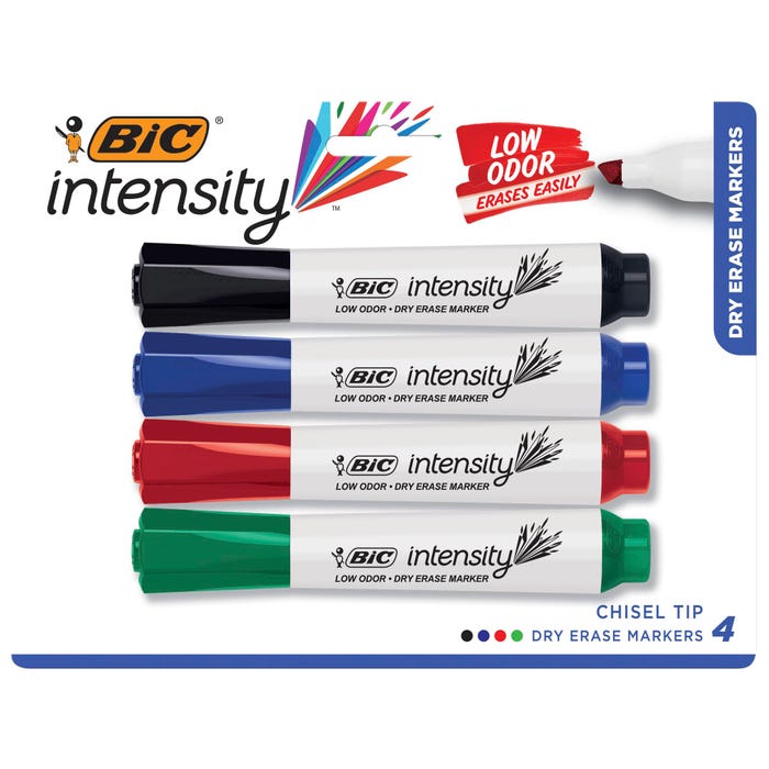 BIC Intensity Low Odor Dry Erase Markers, Chisel Tip, Assorted Colors, Set of 4