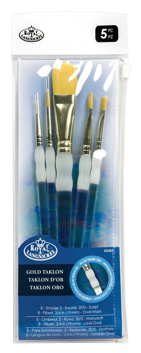 Royal & Langnickel Soft Grip Starter Golden Taklon Fiber Paint Brush Set, Assorted Size, Set of 5 Item Number 408548