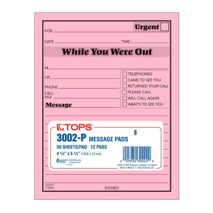 Tops Important Message Pad, 4-1/4 x 5-1/2 Inches, Pink, 50 Sheets Each, 12 Pads