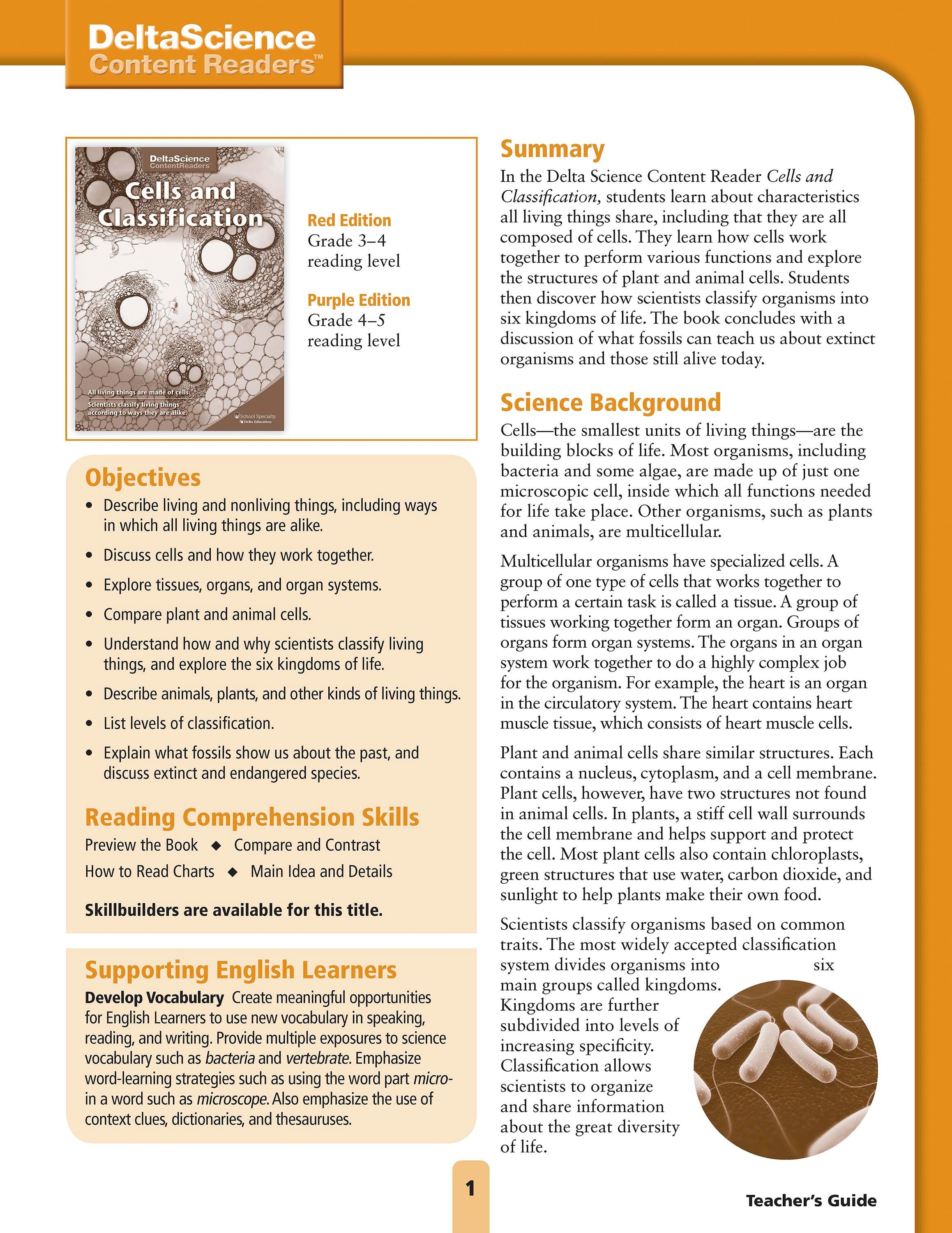 Delta Science Content Readers Cells and Classification Red and Purple Teacher's Guide, Item Number 1278147