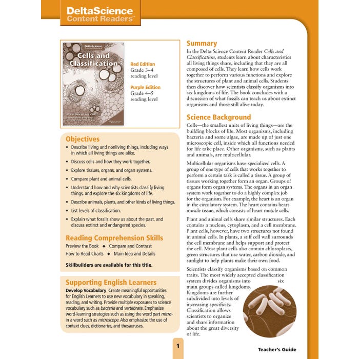 Delta Science Content Readers Cells and Classification Red and Purple Teacher's Guide