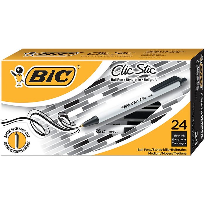 BIC Clic Stic Retractable Ballpoint Pens, 1.0mm, Medium Point, Black, Pack of 24
