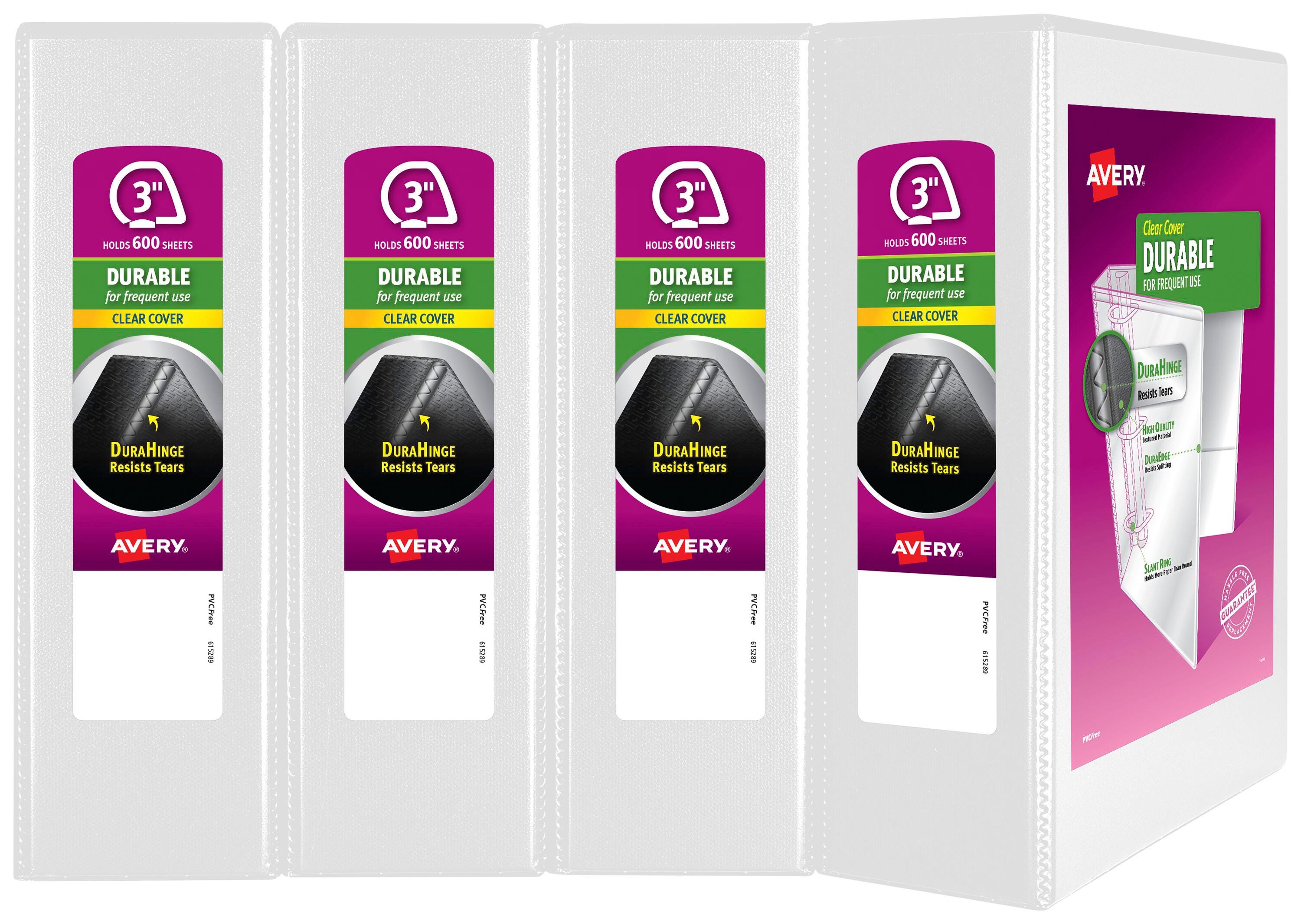 Avery Durable View Binder, 3 Inch, Slant Rings, White, Pack of 4 2047978