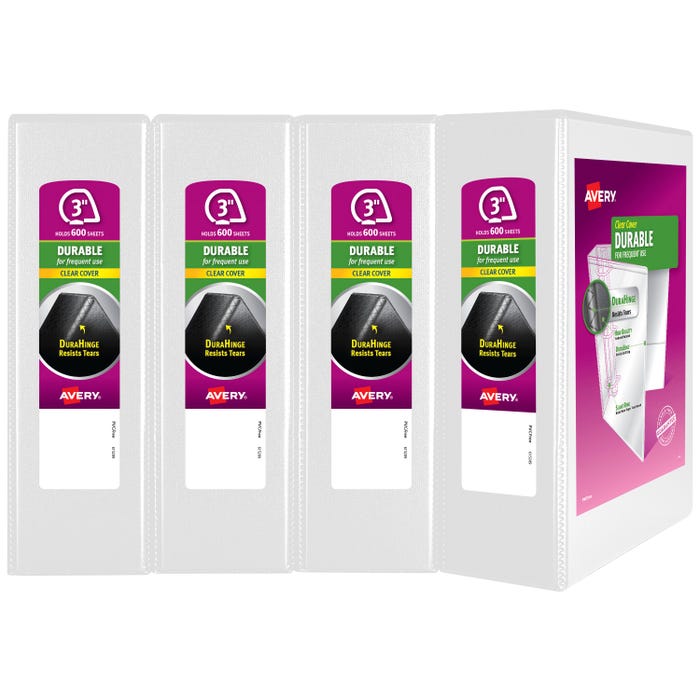 Avery Durable View Binder, 3 Inch, Slant Rings, White, Pack of 4