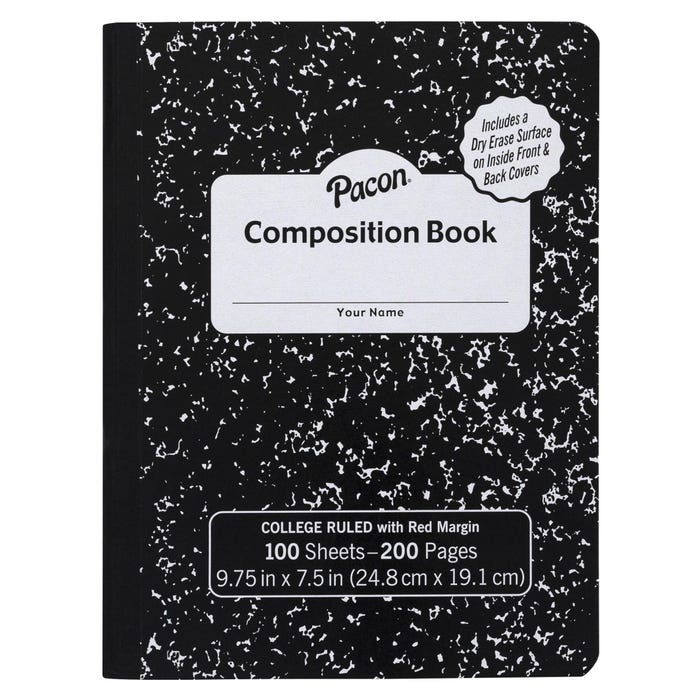 Pacon Black Marble Composition Book, 9/32 Inch Ruling with Red Margin , 100 Sheets