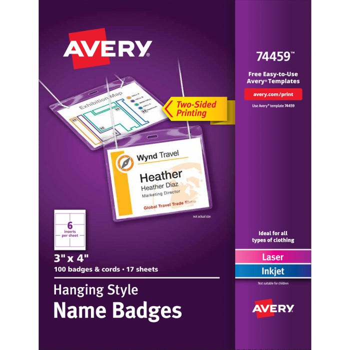 Avery Hanging Style Name Badges, Two-Sided, White, Set of 100 Badges and Cords