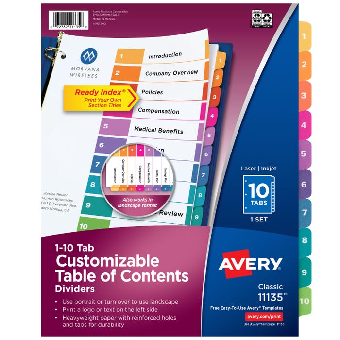 Avery Ready Index Dividers, 10 Tab, 1-10, Assorted Colors, 1 Set