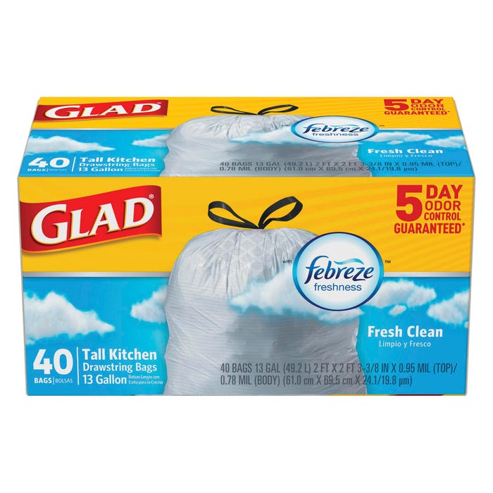 Glad ForceFlex Drawstring Tall Trash Bags, 13 Gallon, Fresh Clean Scent, White, 40 Count Box
