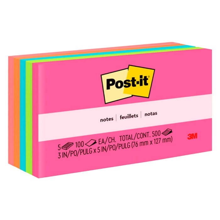 Post-it Original Notes, 3 x 5 Inches, Capetown Colors, Pad of 100 Sheets, Pack of 5