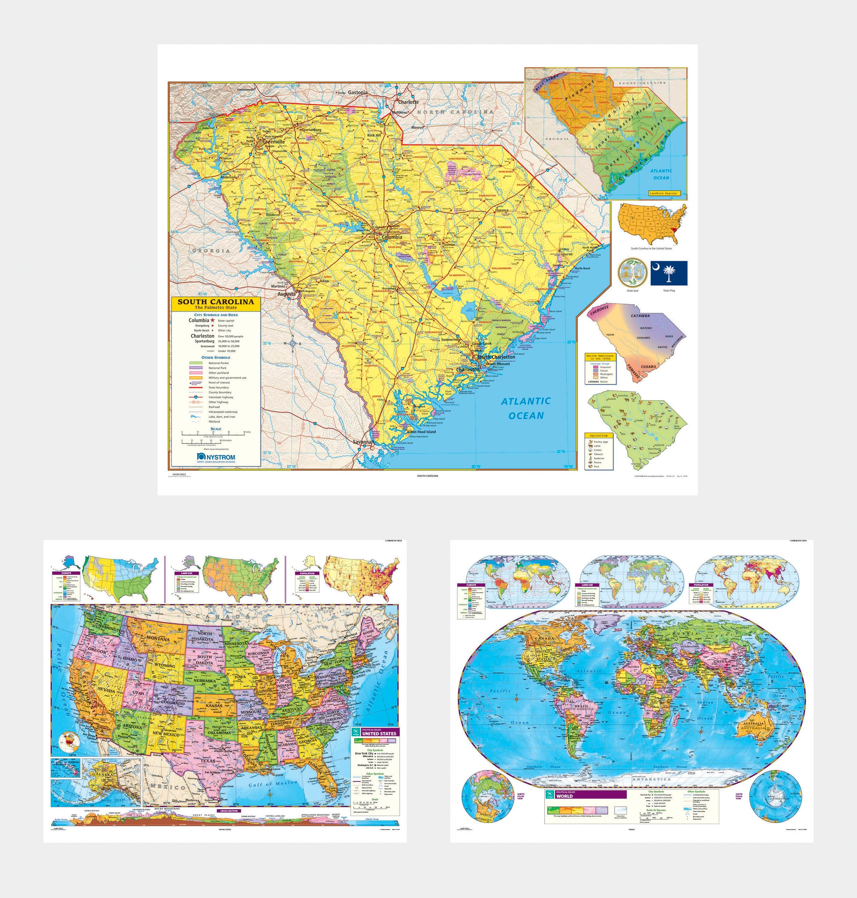 Social Studies SOUTH CAROLINA/U.S./WORLD MAP COMBO, Markable, Erasable, Grades 4-12, Item Number 1566326