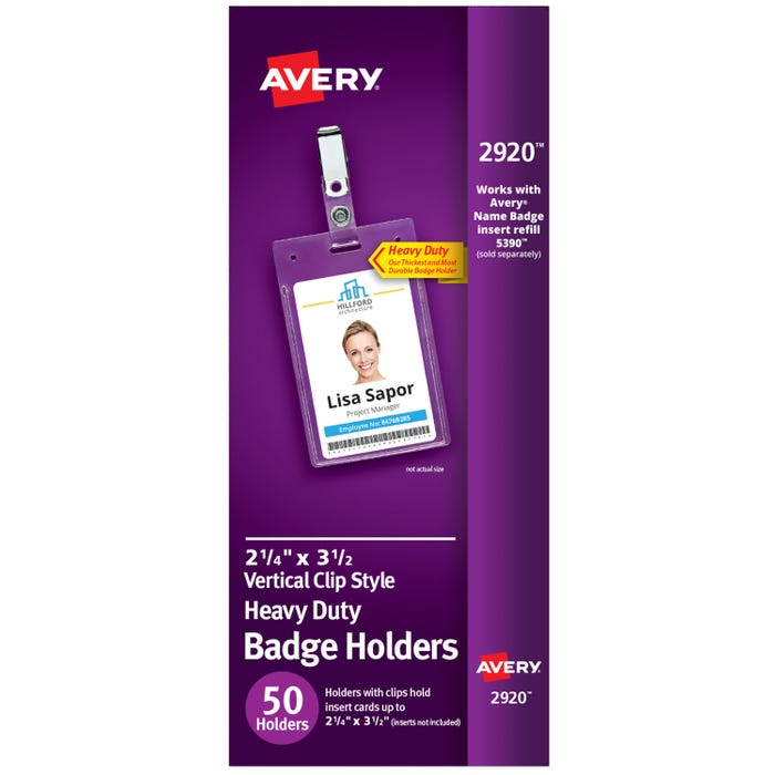 Avery Flexible Vertical ID Badge Holder with Portrait Clip Attachment, 2-1/4 in X 3-1/2 in, Polypropylene, Clear, Pack of 50