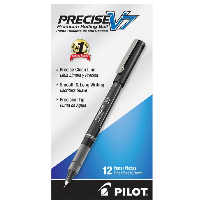 Pilot Precise V7 Premium Rolling Ball Stick Pens, Fine Point, Black Ink, Pack of 12