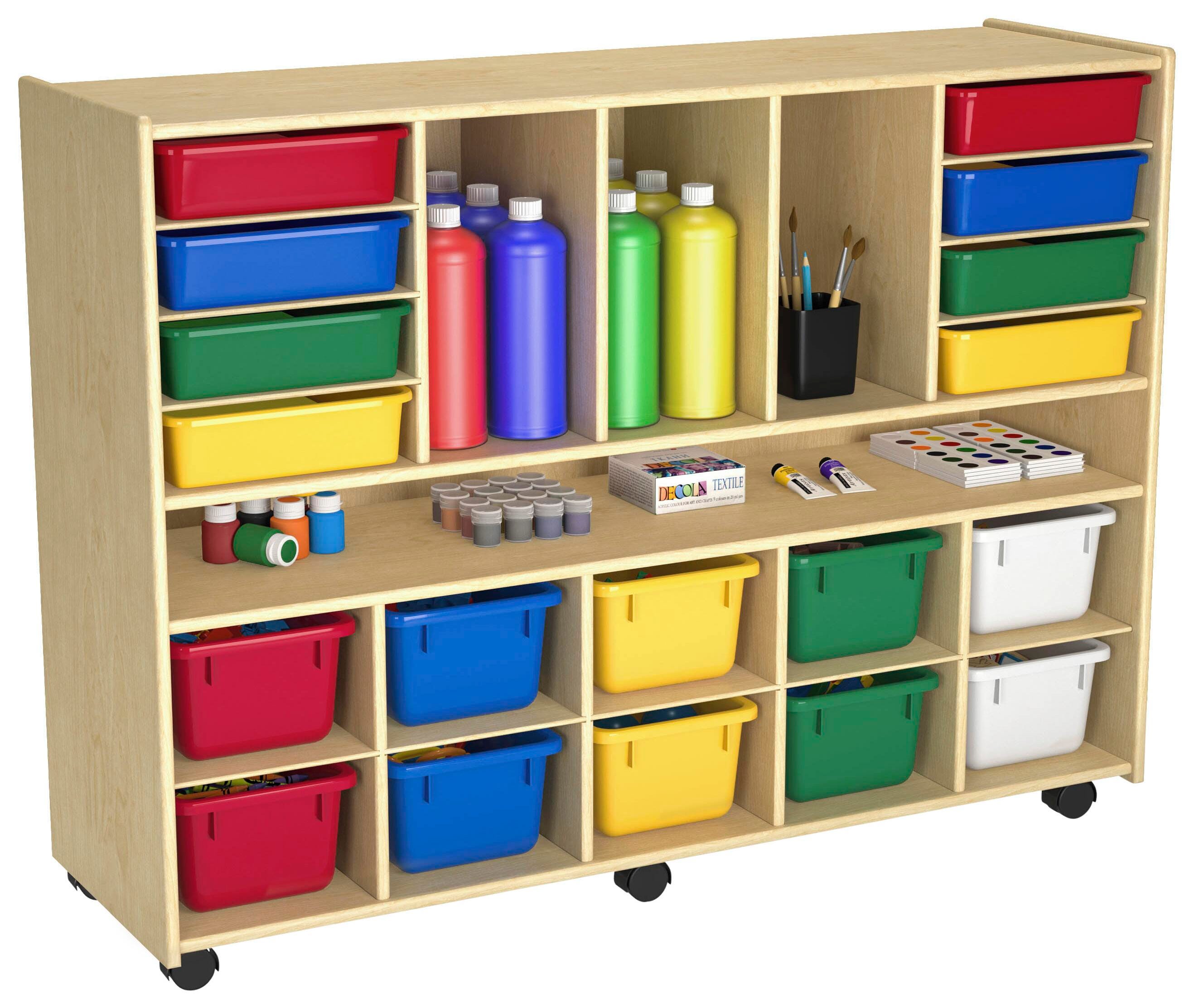 Childcraft Multi-Compartment Storage Cubby Unit, 10 Primary Color Trays, 8 Flat Trays, 47-3/4 x 14-1/4 x 36 Inches 2128478