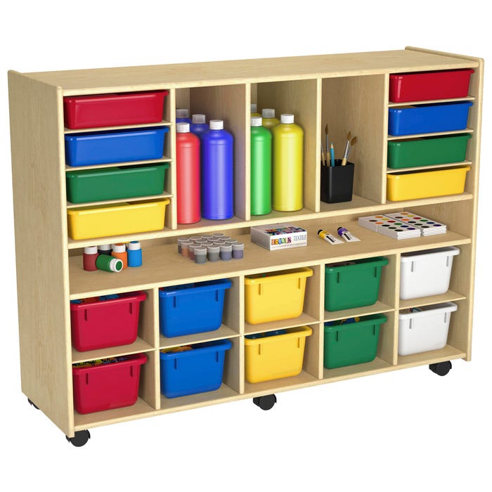 Childcraft Multi-Compartment Storage Cubby Unit, 10 Primary-Color Bins, 8 Primary-Color Trays, 47-3/4 x 14-1/4 x 36 Inches