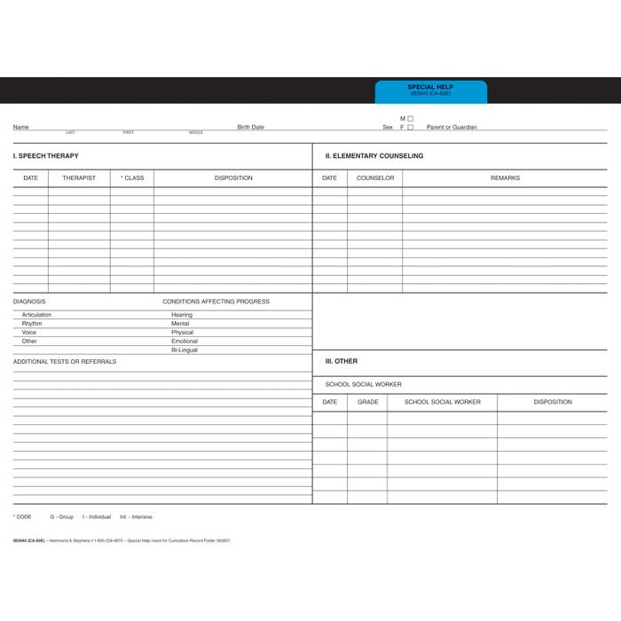 Hammond & Stephens Cumulative Record Special Help Insert, Blue, Pack of 25