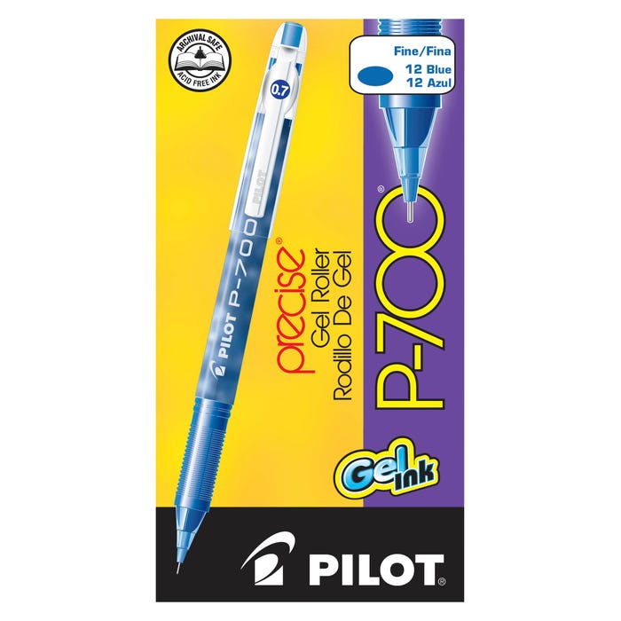 Pilot Precise P-700 Gel Ink Rolling Ball Pens, Fine Point, Blue Ink, Pack of 12