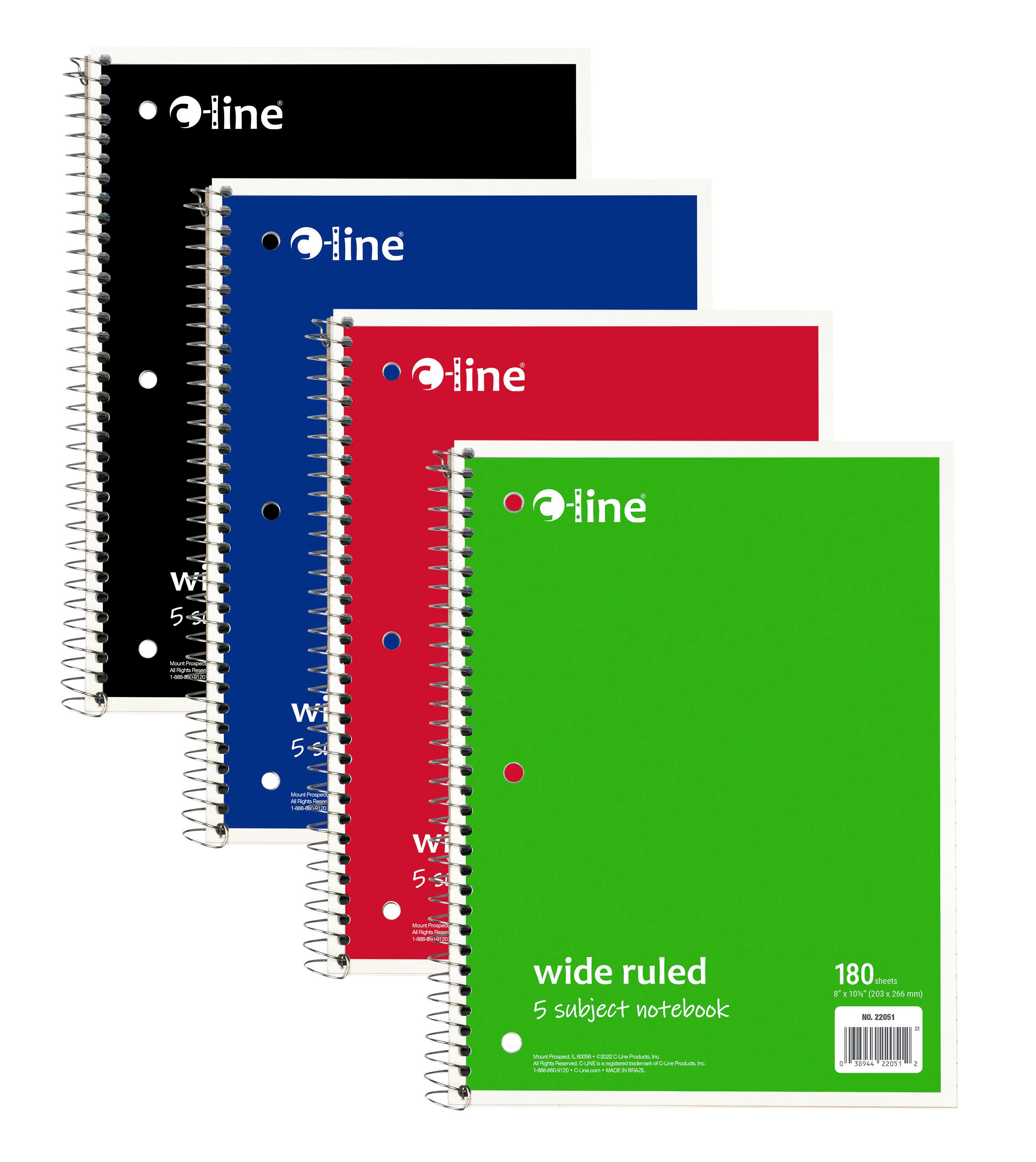 Image for C-Line 5-Subject Wide Ruled Paper Notebook, 8-1/2 x 10-1/2 Inches, 180 Sheets, Assorted from School Specialty