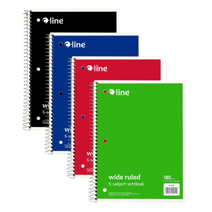 C-Line 5-Subject Wide Ruled Paper Notebook, 8-1/2 x 10-1/2 Inches, 180 Sheets, Assorted