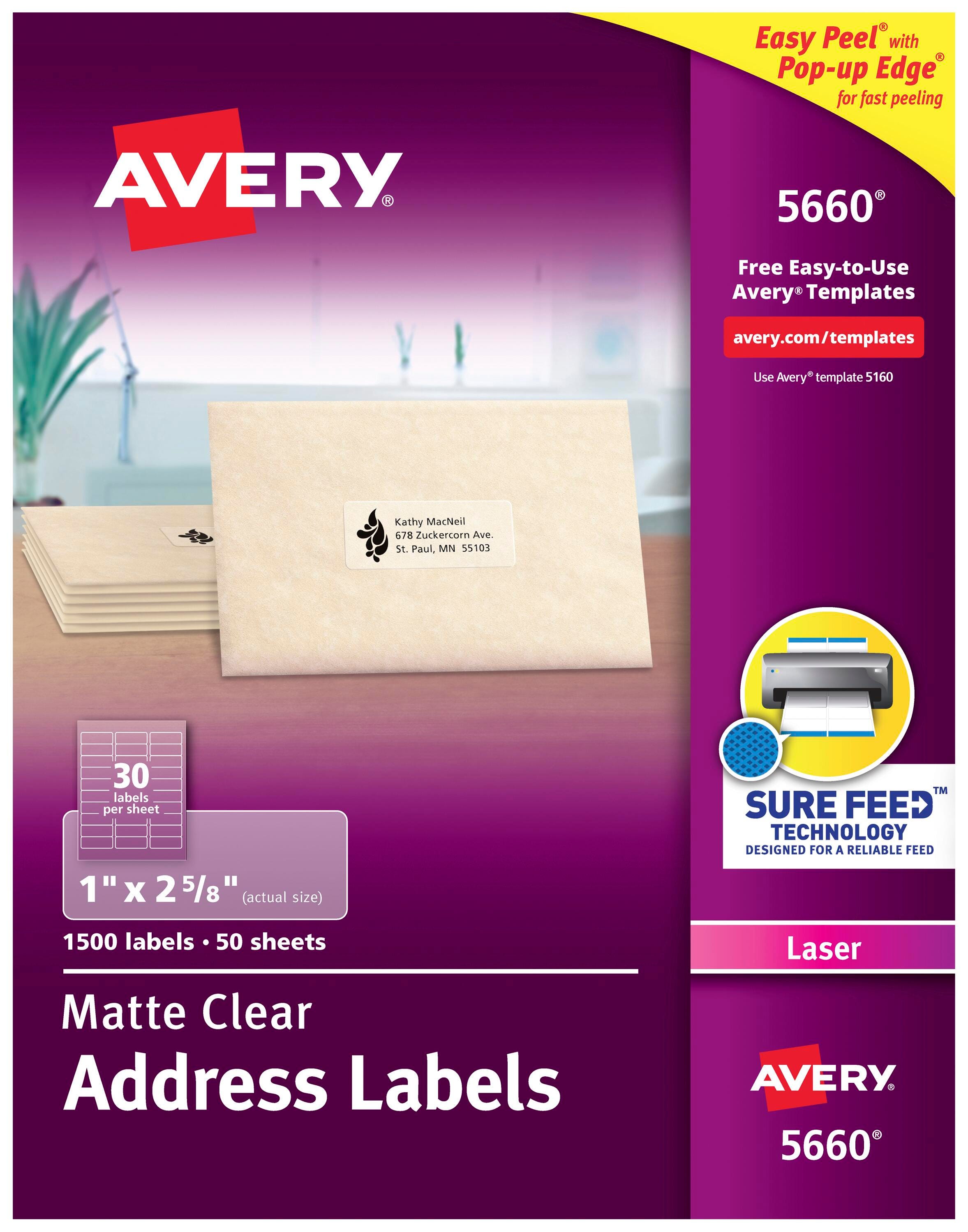Avery Easy Peel Address Labels, Laser, 1 x 2-5/8 Inches, Clear, Pack of 1500 067677
