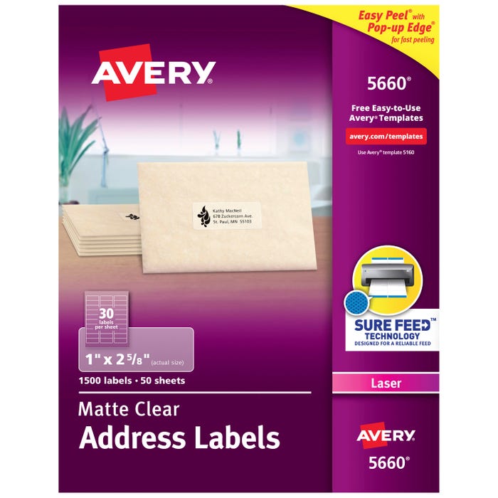 Avery Easy Peel Address Labels, Laser, 1 x 2-5/8 Inches, Clear, Pack of 1500