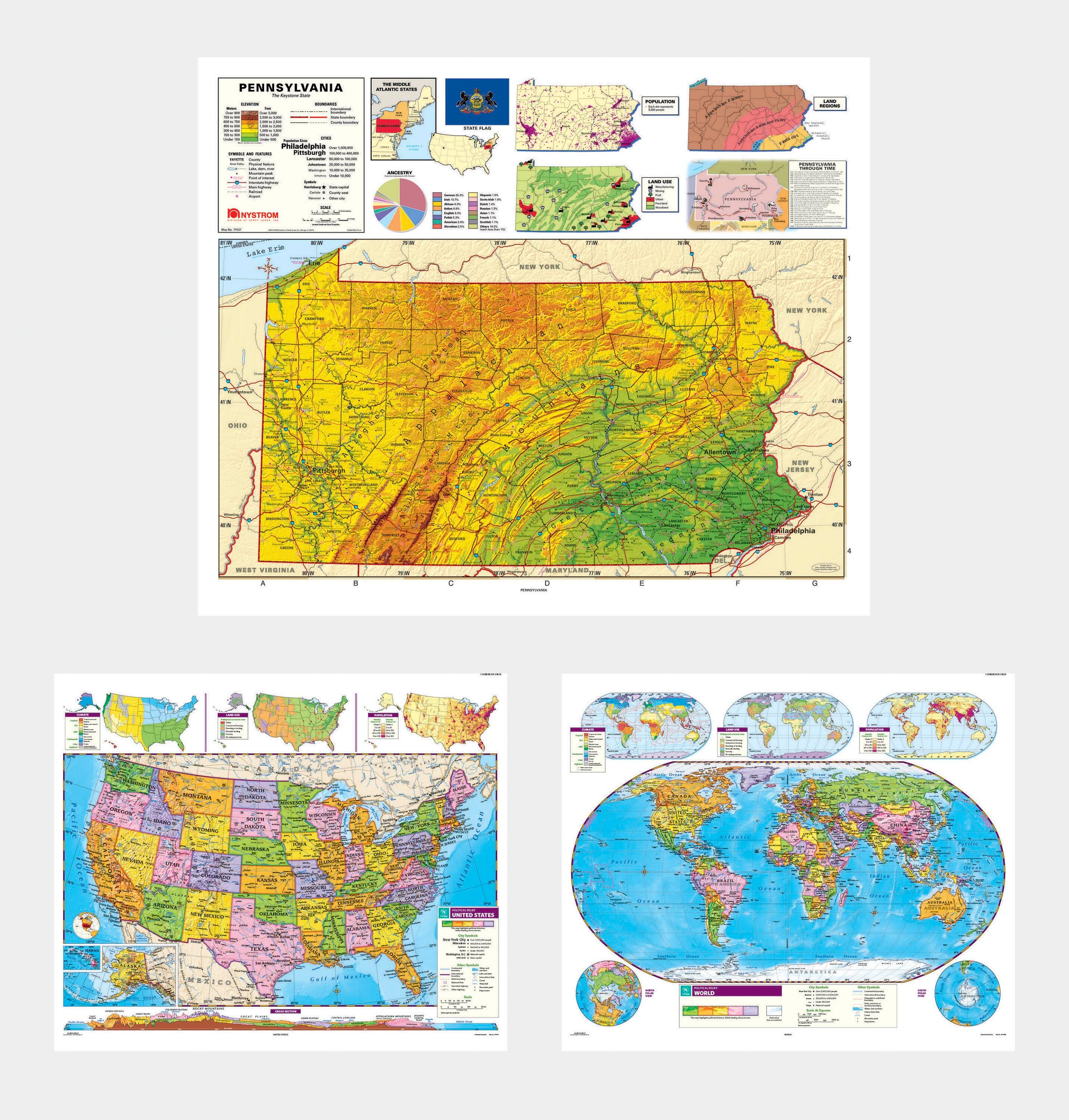 Social Studies PENNSYLVANIA/U.S./WORLD MAP COMBO, Markable, Erasable, Grades 4-12, Item Number 1566325