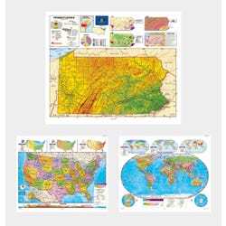 Social Studies PENNSYLVANIA/U.S./WORLD MAP COMBO, Markable, Erasable, Grades 4-12, Item Number 1566325