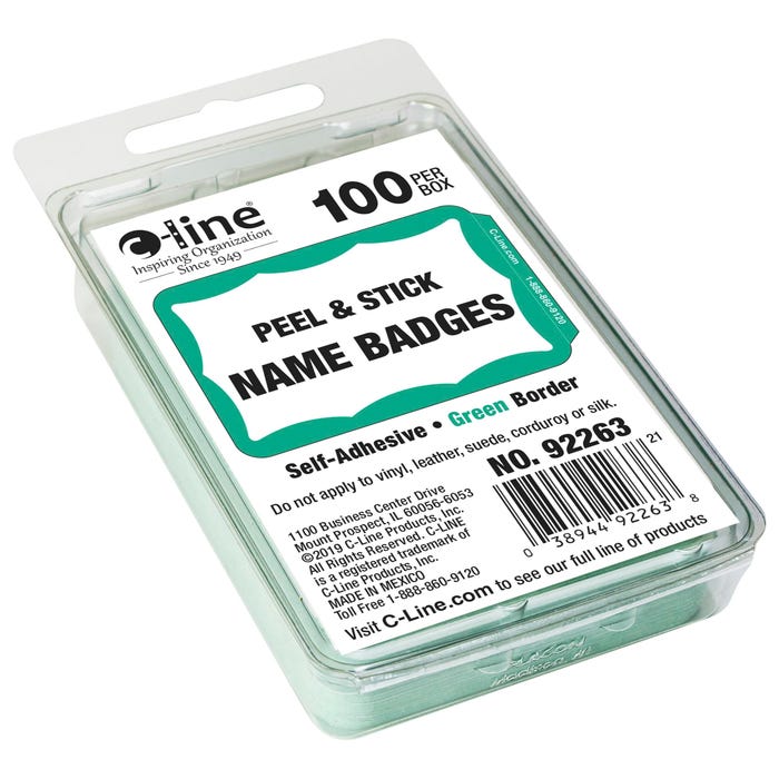 C-Line Adhesive Name Badges, 3-1/2 x 2-1/4 Inches, Green Border, Pack of 100