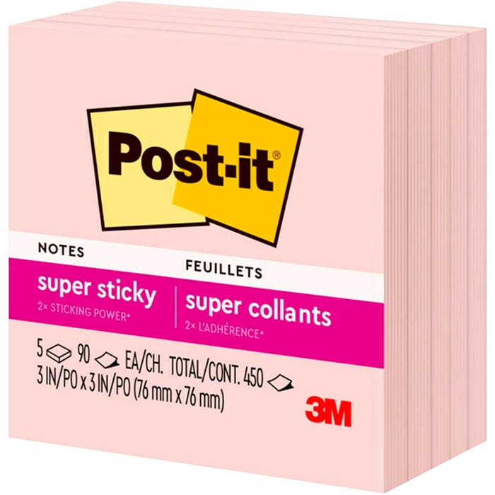 Post-it Super Sticky Notes, 3 x 3 Inches, Pink Salt, 5 Pads/Pack, 90 Sheets/Pad
