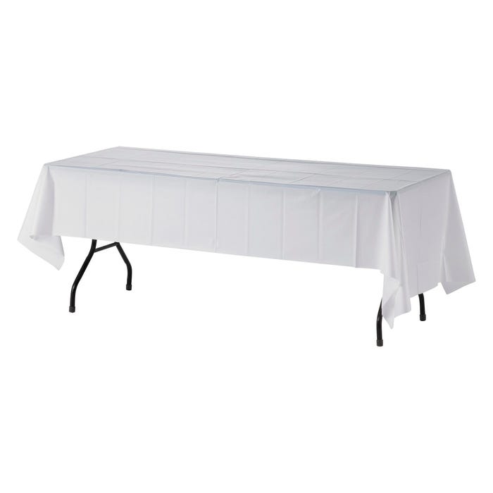 Genuine Joe Table Cover, 54 W x 108 D in, Rectangle, Plastic, White, Pack of 6