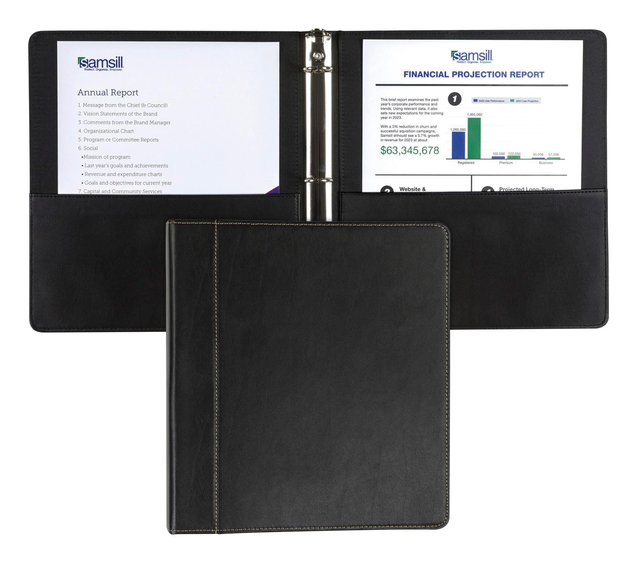 Samsill Contrast Stitch Leather 3 Ring Binder, Portfolio Organizer, 3 Ring Binder, 8-1/2 x 11 Inches, Black 2150531