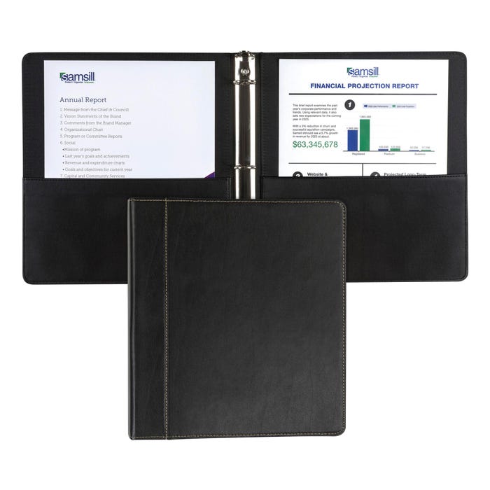 Samsill Contrast Stitched Leather 3 Ring Binder, 8-1/2 x 11 Inches, Black